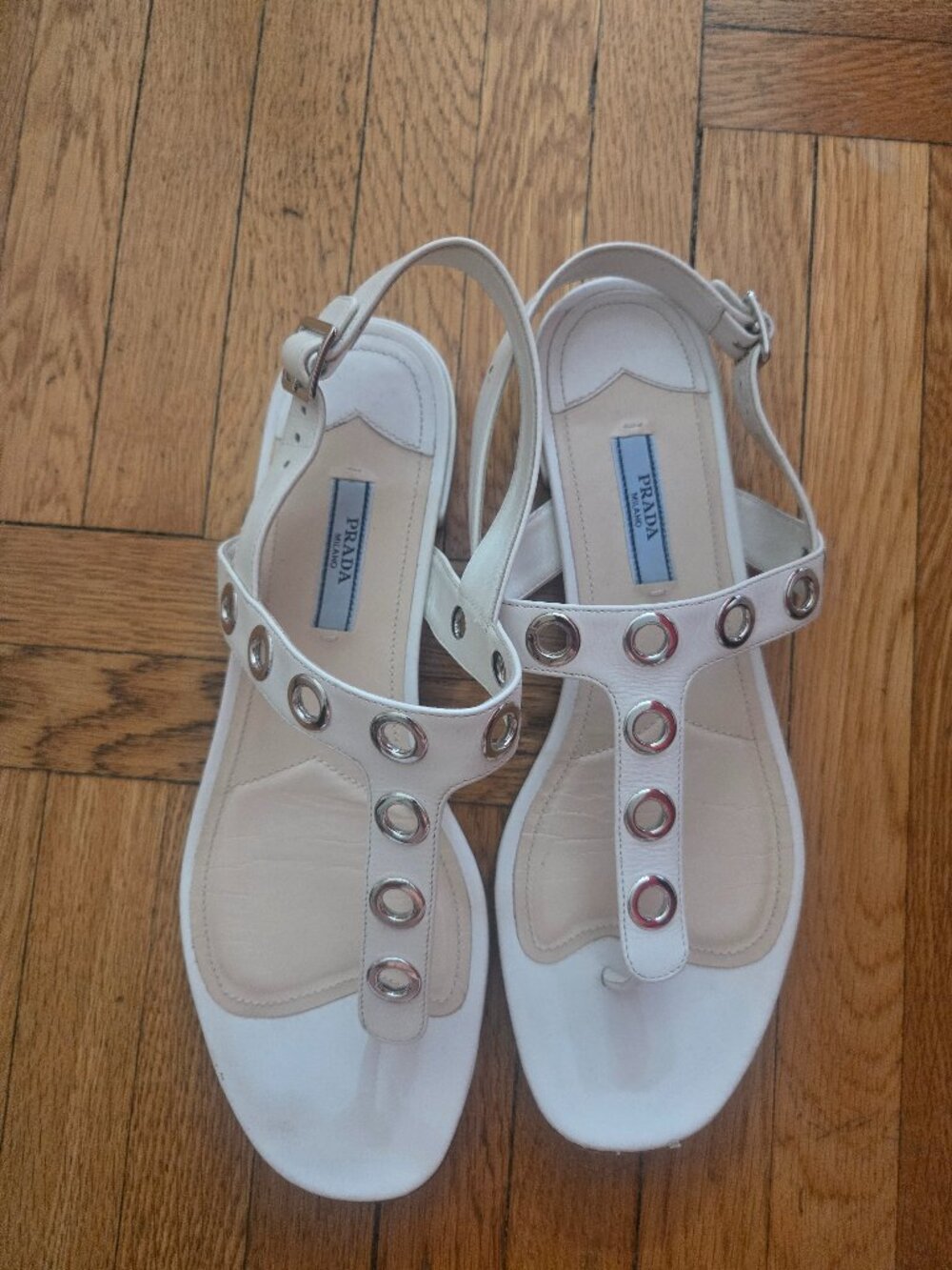 Prada Eyelet T-Strap Flat Sandals